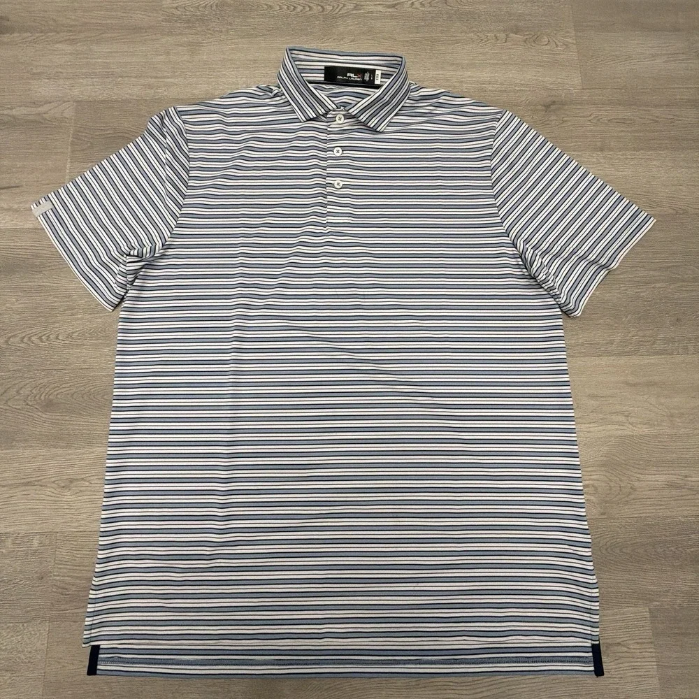 RLX Ralph Lauren Golf Polo Mens Large Blue Stripe Performance Stretch